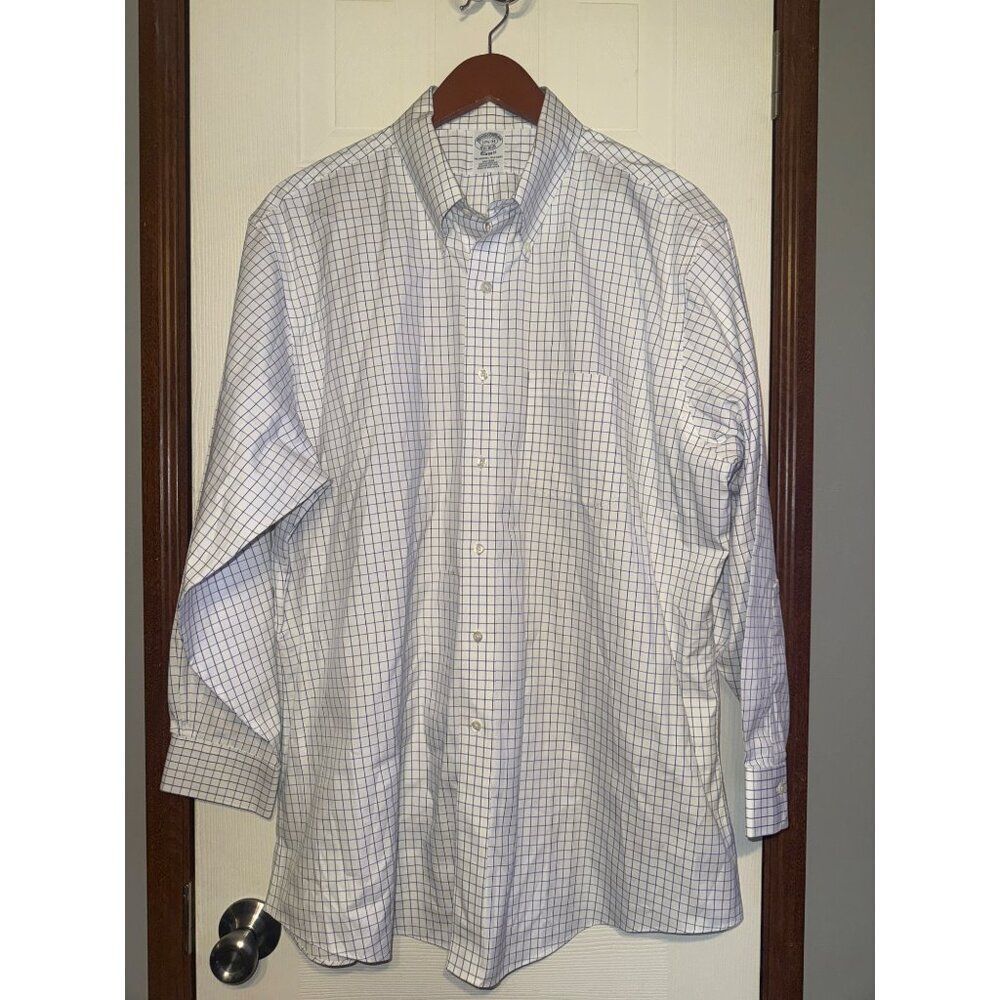 Brooks Brothers Original Polo White & Blue Plaid Button Up Shirt Size 17.5-33